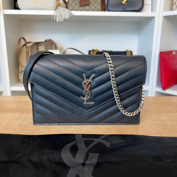 Saint Laurent YSL Grain De Poudre Matelasse Chevron Envelope Chain Wallet Black - Picture 1 of 13